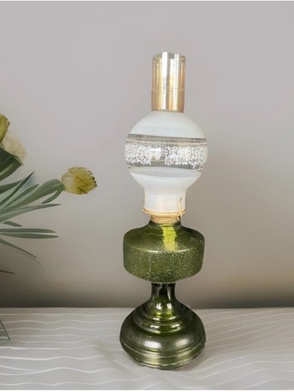 Vintage Green Glass Table Lamp with Frosted & Gold Accents